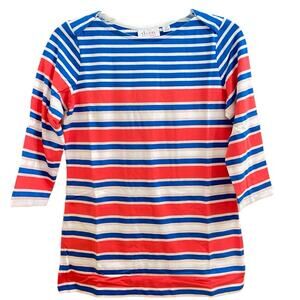 Denim & Co Coral Pink Blue White Striped 3/4 Sleeve Top NWT Nautical XXS/XS d&co